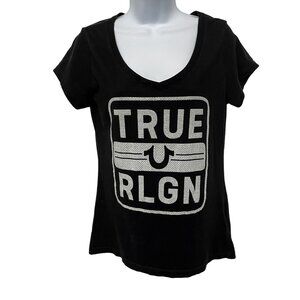True Religion Rhinestone Bling Diamond Logo Short Sleeve V-Neck T-Shirt Top Y2K